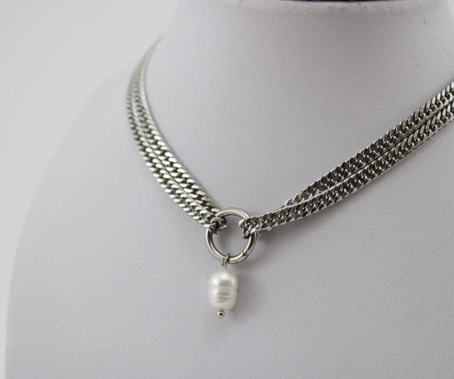 שרשרת גורמט קצרה כפולה בשילוב עיגול ופנינה