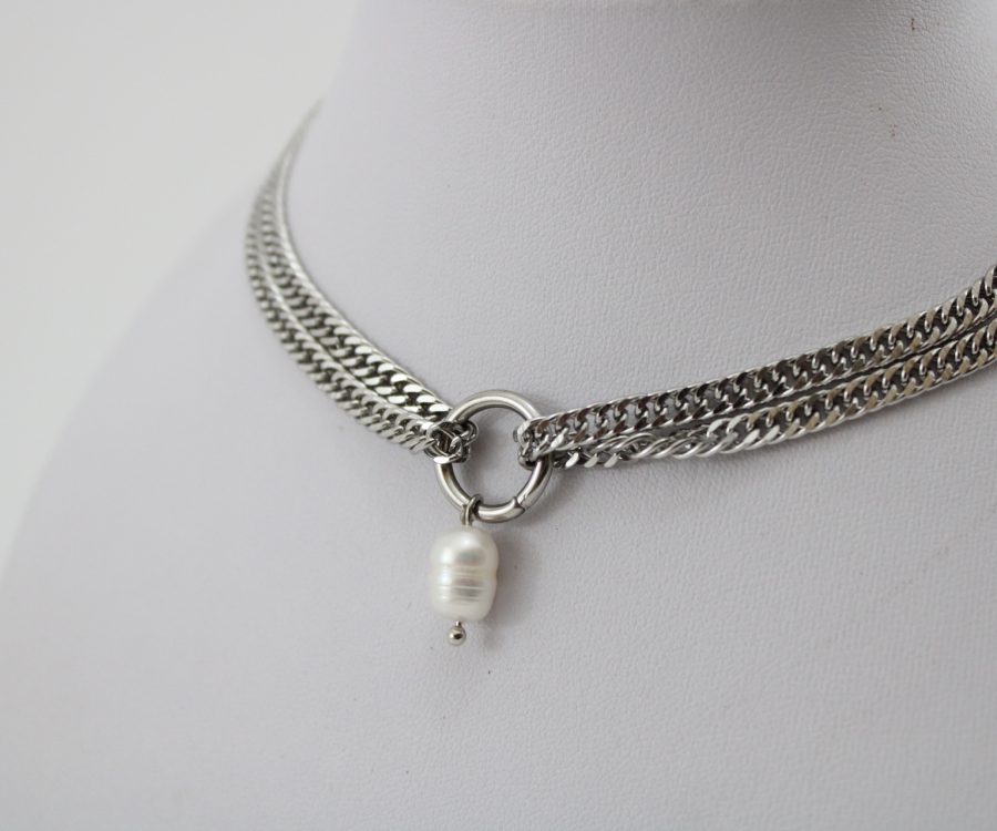 שרשרת גורמט קצרה כפולה בשילוב עיגול ופנינה