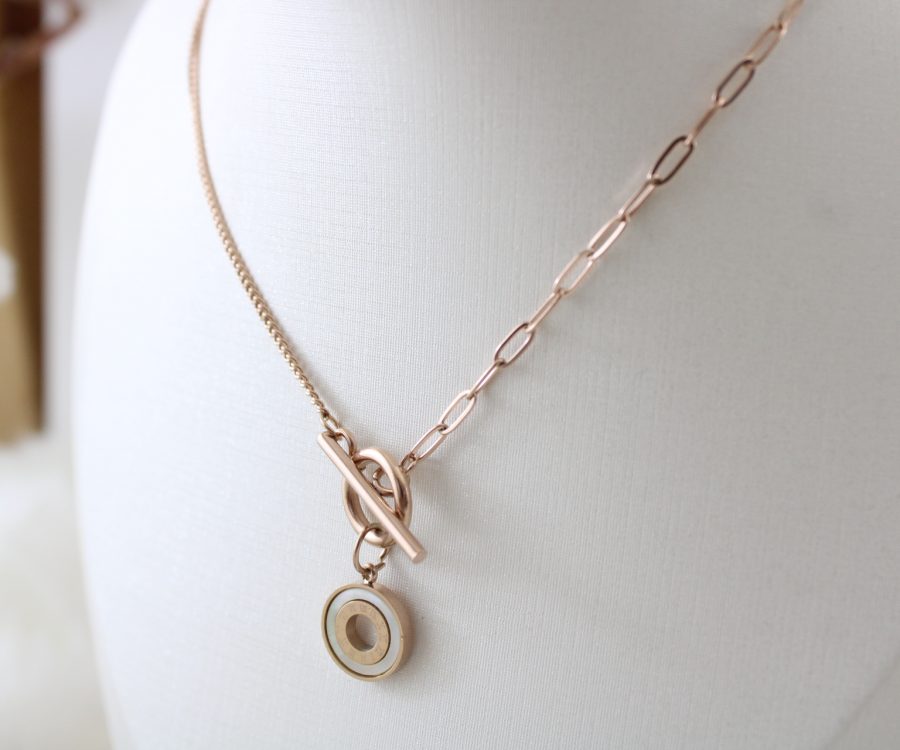 שרשרת גורמט חצי חצי רוז גולד בשילוב סוגר T ואלמנט עגול