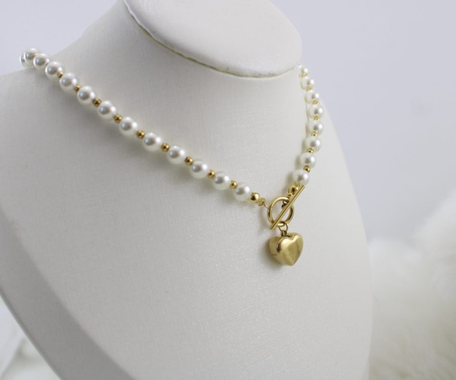 שרשרת מוזהבת פנינים לב וסוגר T