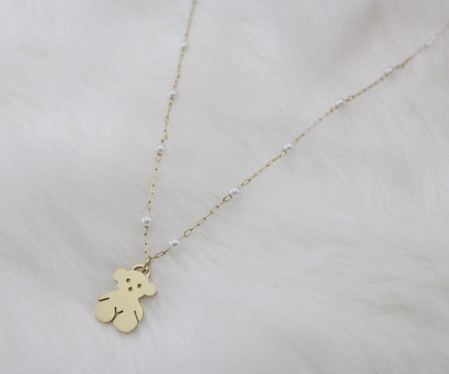 שרשרת מעוצבת מוזהבת פנינים קטנות ודובי