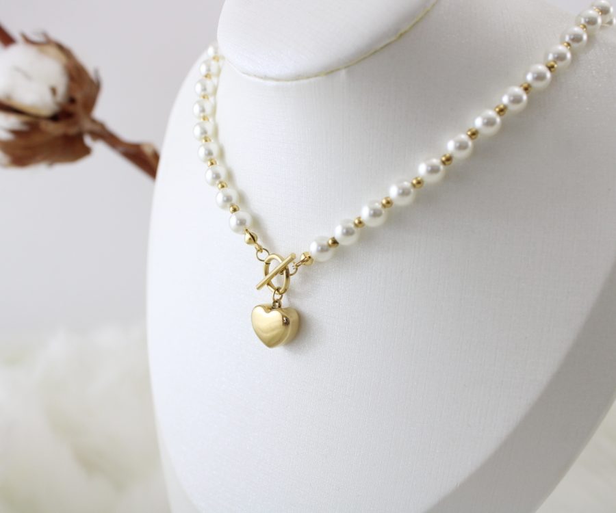 שרשרת מוזהבת פנינים לב וסוגר T