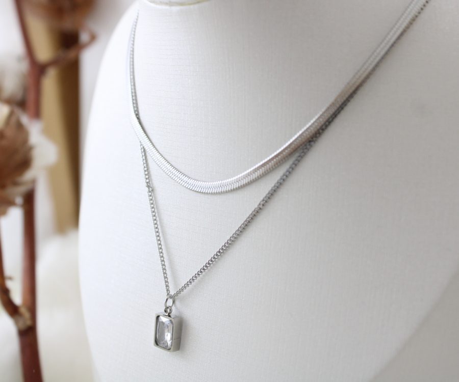 שרשרת כפולה פס עבה וזרקון מרובע