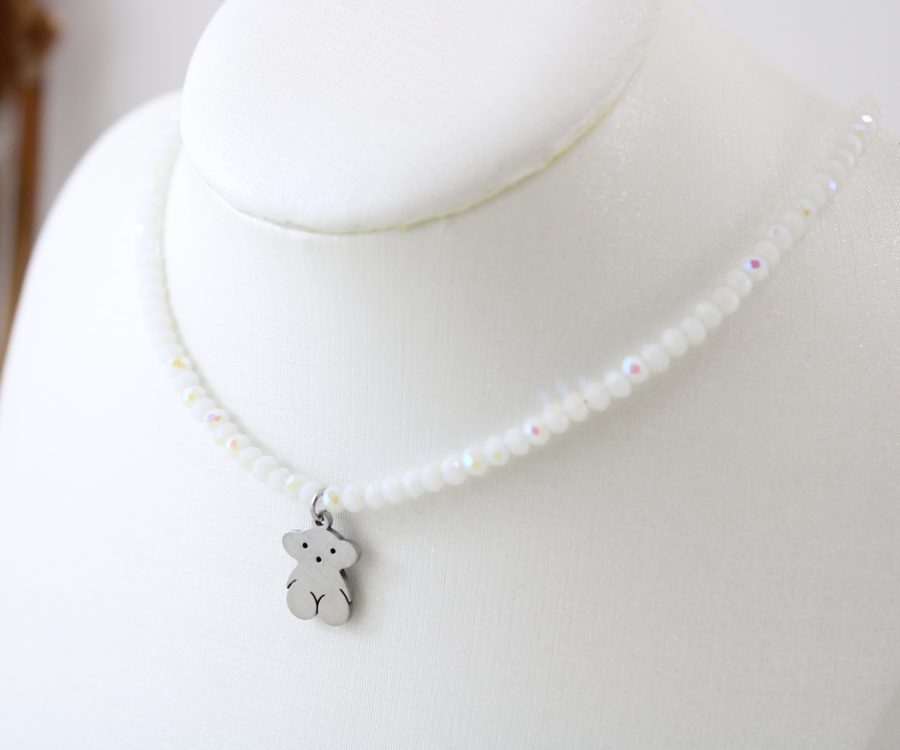 שרשרת קריסטלים לבנים בשילוב דובי