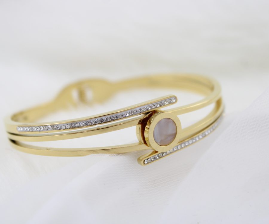 צמיד קשיח מוזהב בשילוב עיגול ואלמנטים משובצים