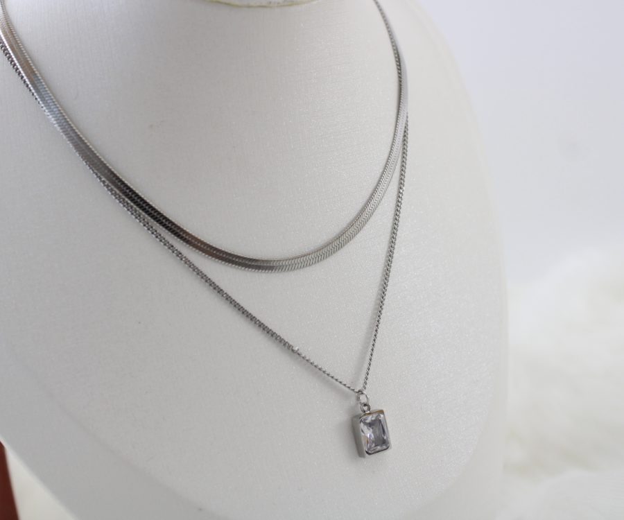 שרשרת כפולה פס עבה וזרקון מרובע