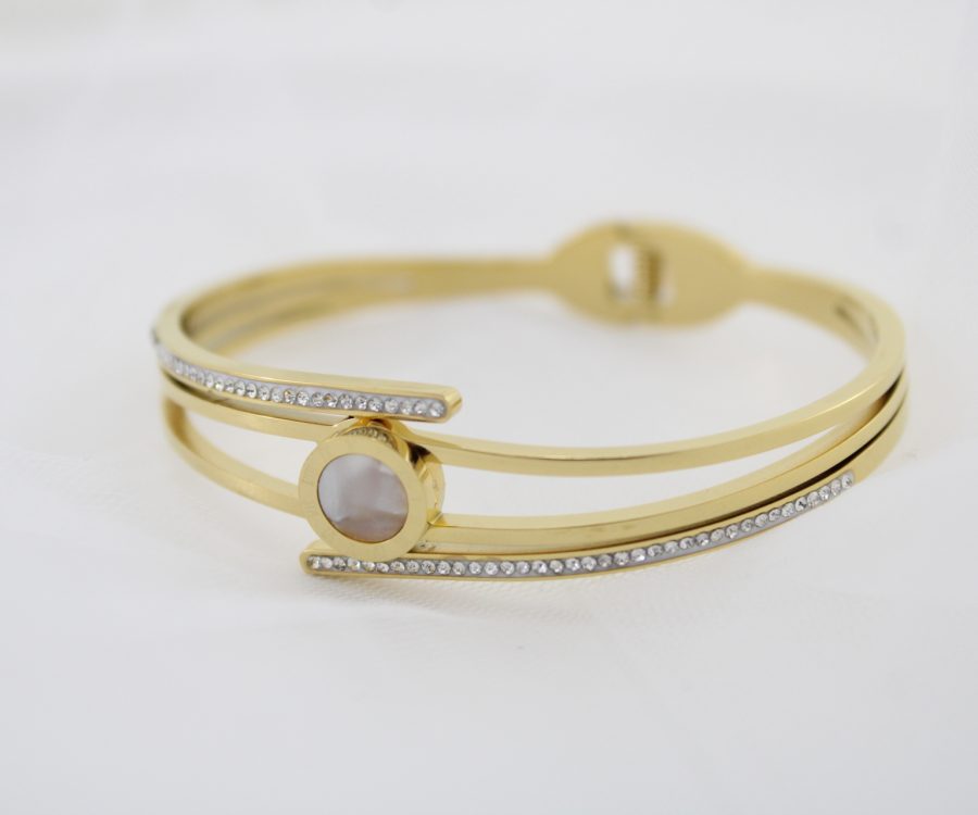 צמיד קשיח מוזהב בשילוב עיגול ואלמנטים משובצים