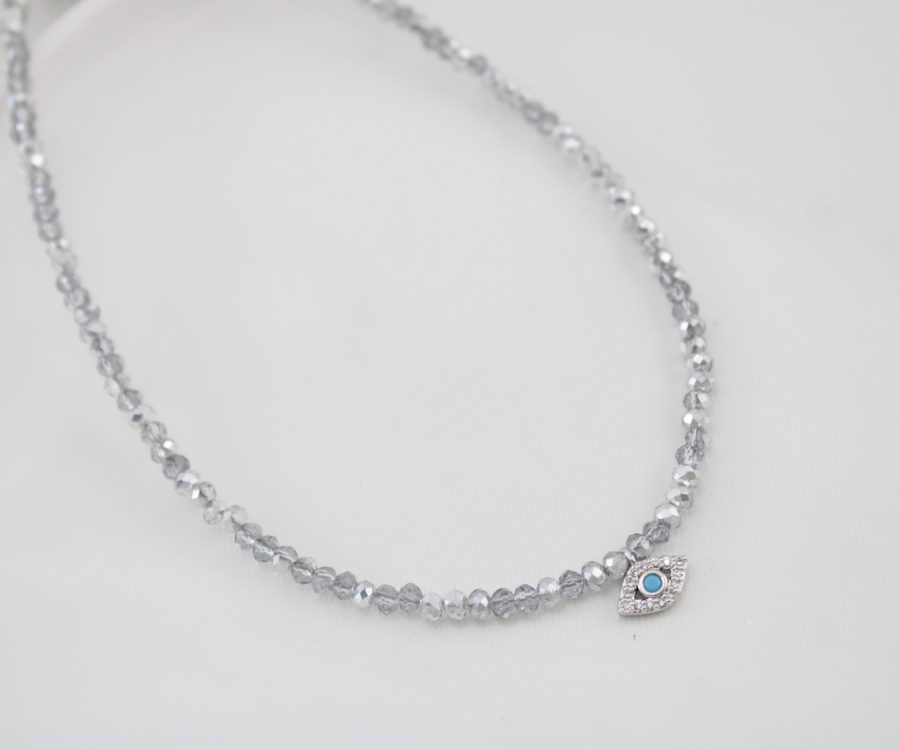 שרשרת קריסטלים כסופים בשילוב עין עם נקודה טורקיז