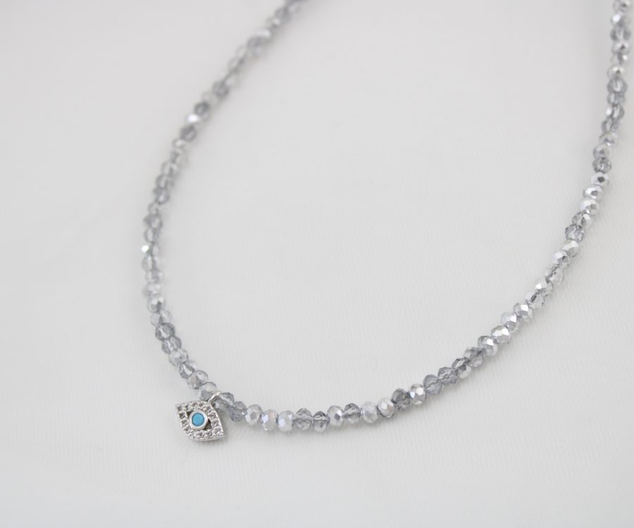 שרשרת קריסטלים כסופים בשילוב עין עם נקודה טורקיז