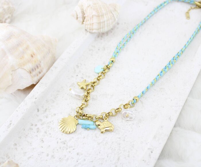 שרשרת חבל טורקיז בשילוב תליוני צדף פנינים וכוכב ים