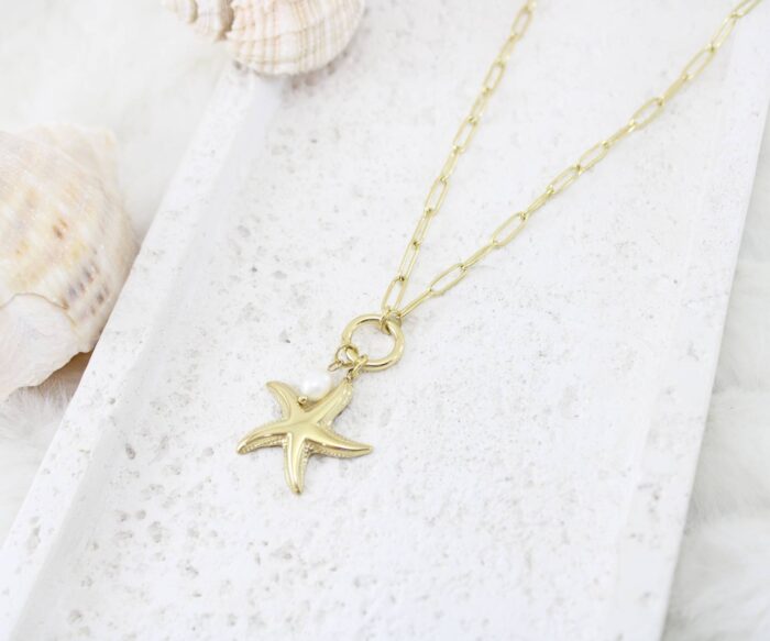 שרשרת גורמט דק בשילוב כוכב ים ופנינה בציפוי זהב