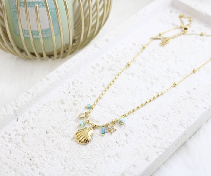 שרשרת צדף ואבנים טורקיז בציפוי זהב