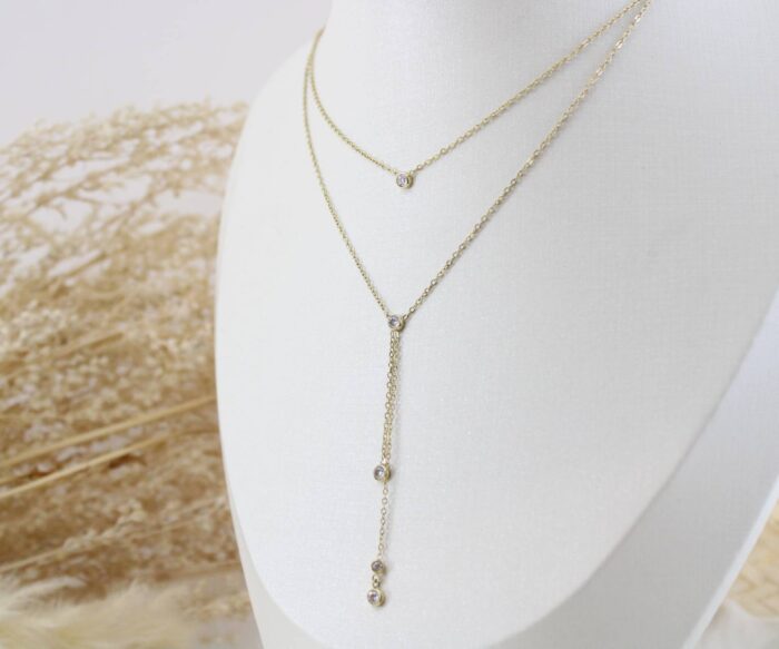 שרשרת כפולה בשילוב זרקונים בציפוי זהב