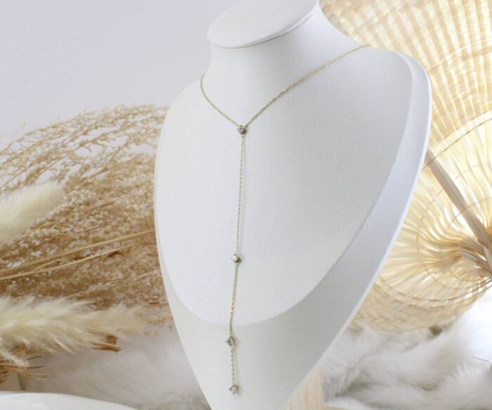 שרשרת בציפוי זהב בשילוב פס זרקונים ארוך נופל