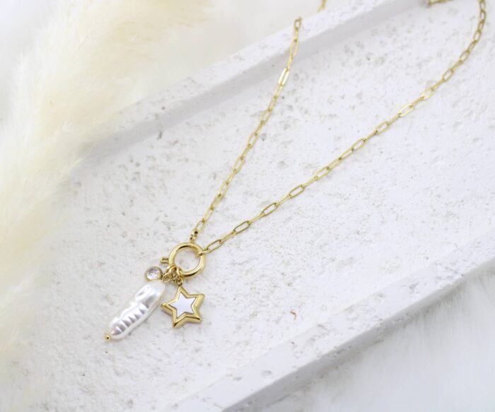 שרשרת גורמט דק פנינה וכוכב בציפוי זהב